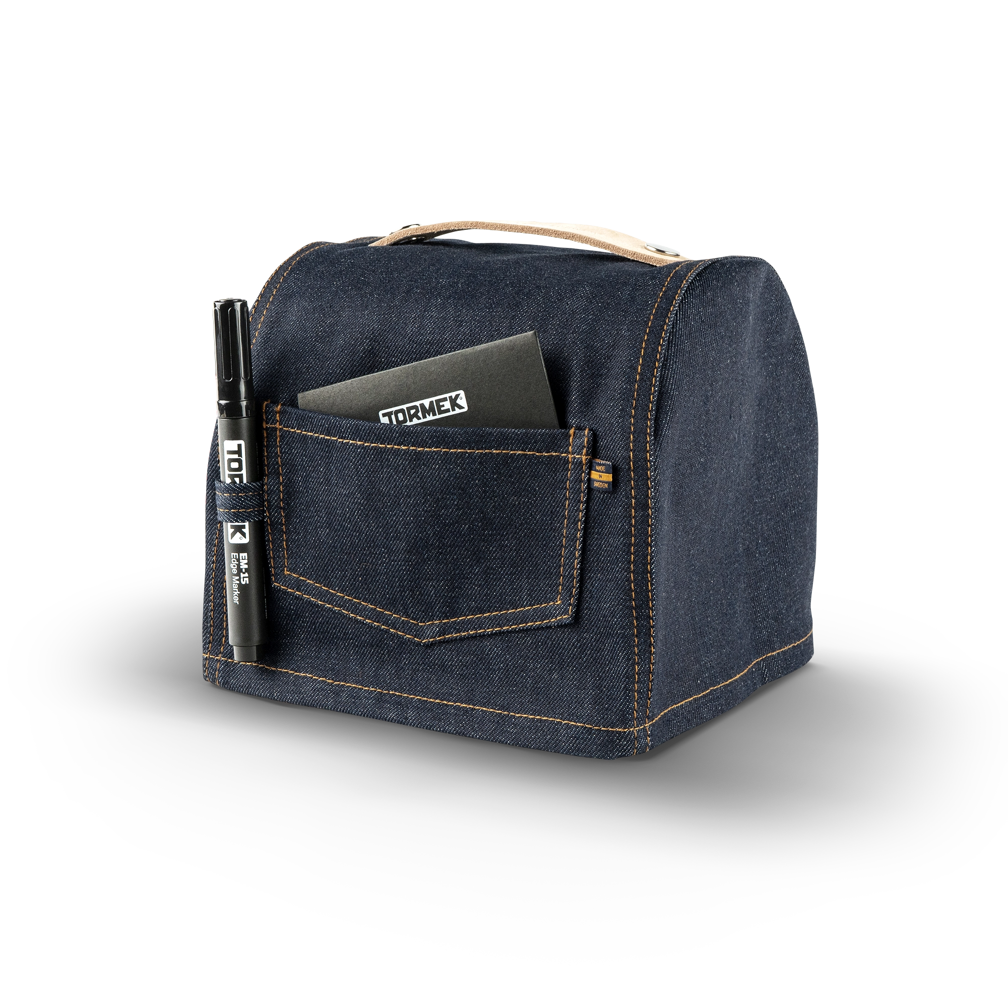 Cover for Tormek T-1 in denim by Jeansverket with edge marker and adhesive plasters