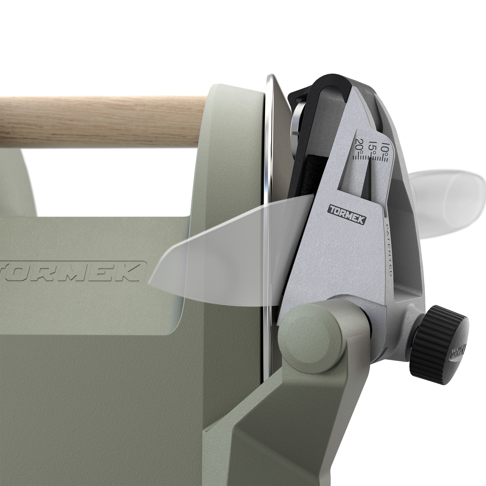 Detail view of patented guide on Tormek T-1 in Ash Green.