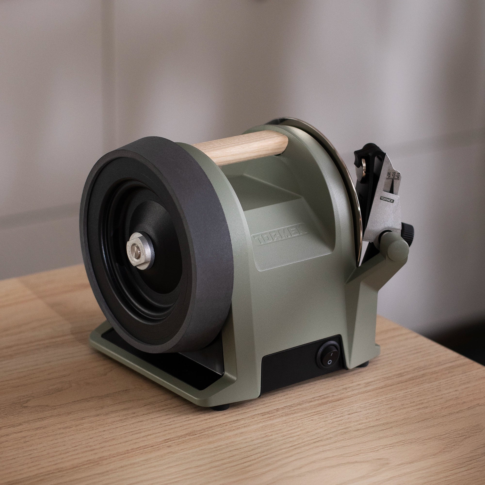 Tormek T-1 Kitchen Knife Sharpener in Ash Green on kitchen bench without knife