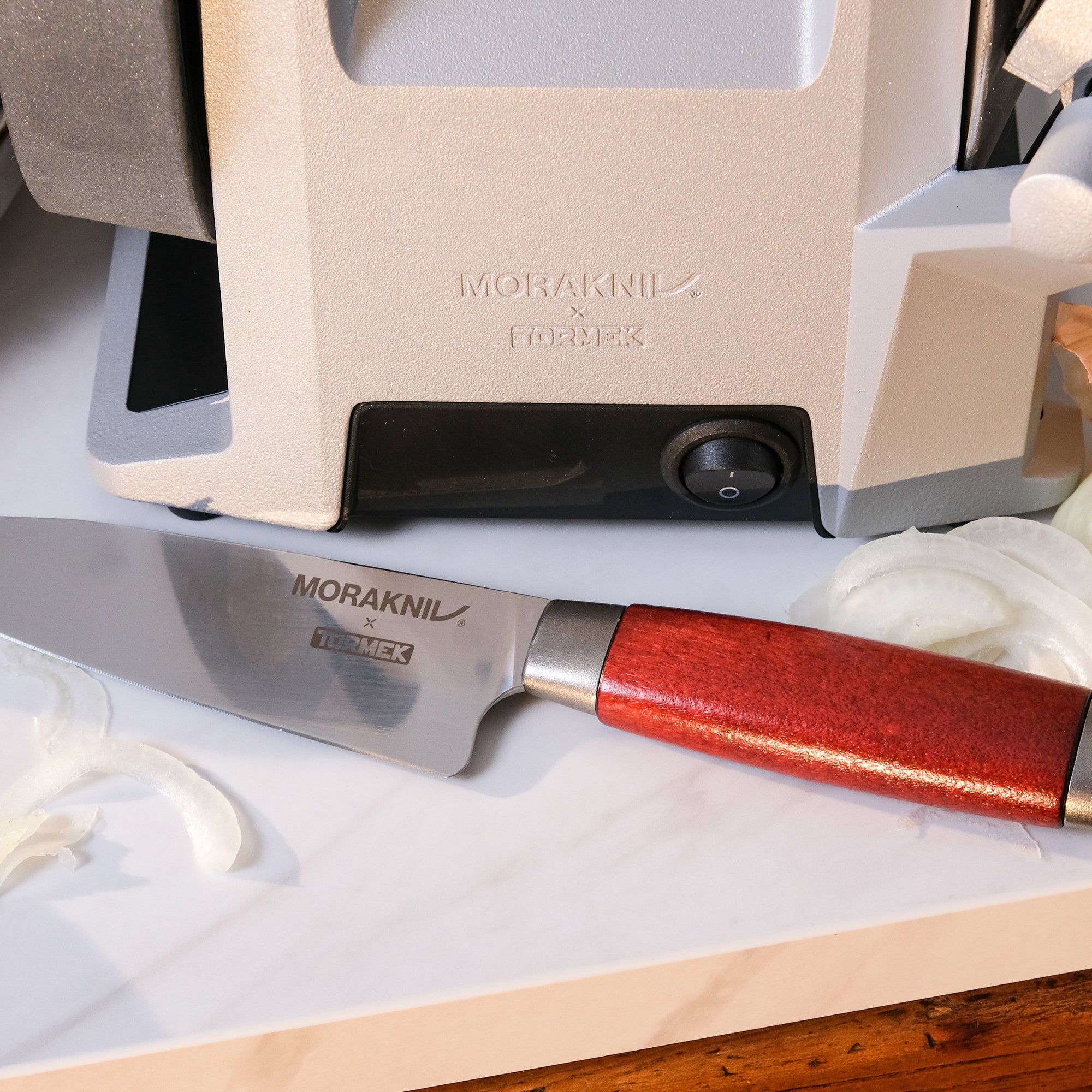 A Morakniv x Tormek 1891 utility knife classic with the colab logo on the blade