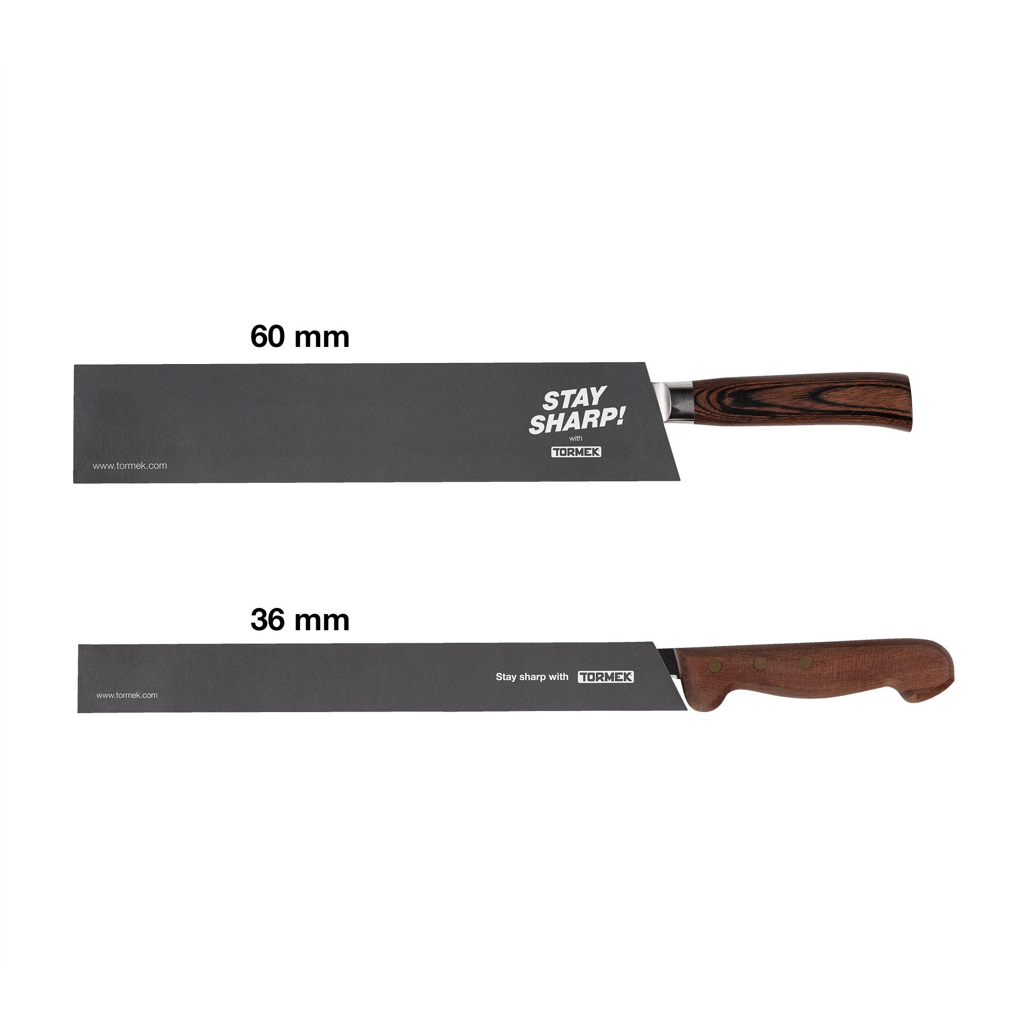 Two knives with wood handles with Tormek edge protectors on in sizes 60 mm and 36 mm
