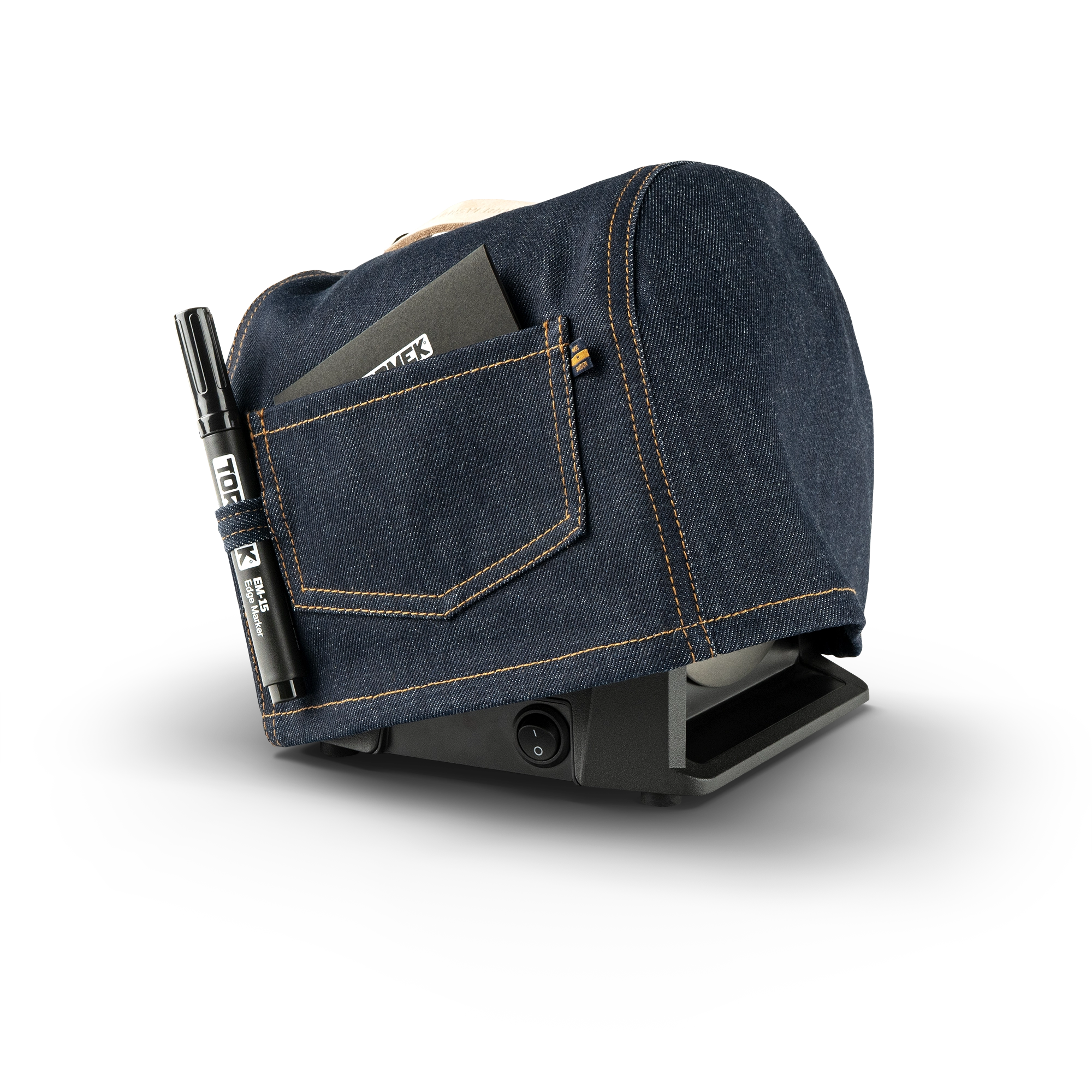 Cover for Tormek T-1 in denim by Jeansverket on top of Tormek T-1